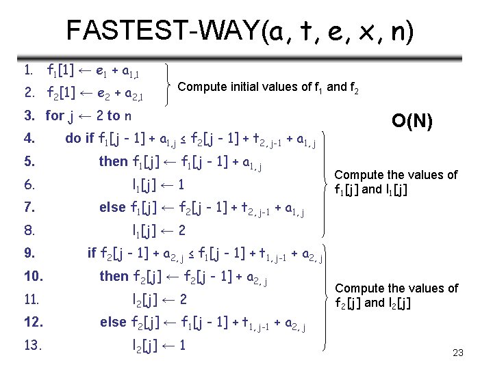FASTEST-WAY(a, t, e, x, n) 1. f 1[1] ← e 1 + a 1,