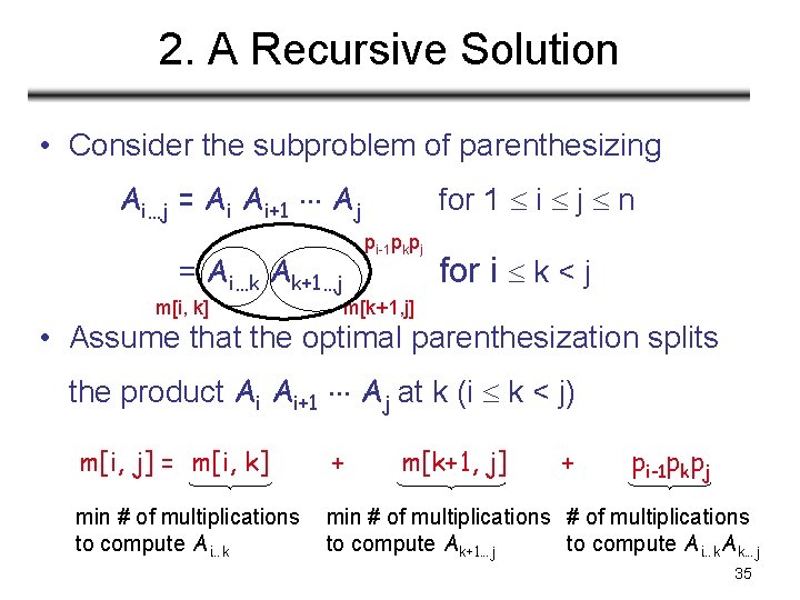 2. A Recursive Solution • Consider the subproblem of parenthesizing Ai…j = Ai Ai+1 2. A Recursive Solution • Consider the subproblem of parenthesizing Ai…j = Ai Ai+1