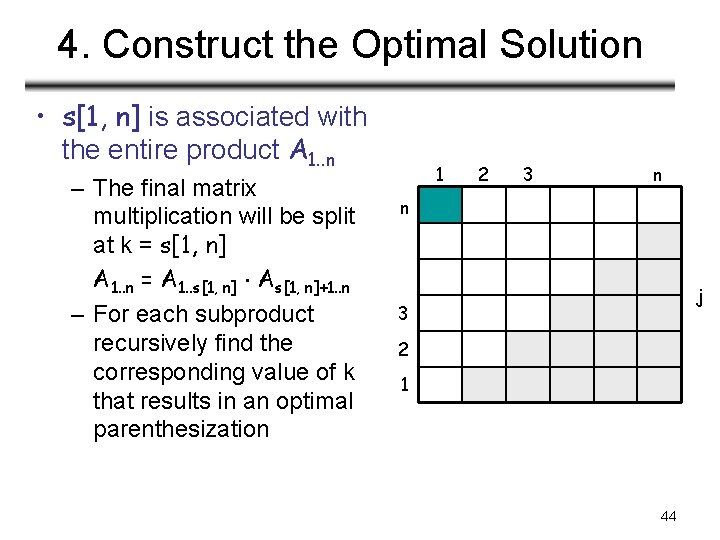 4. Construct the Optimal Solution • s[1, n] is associated with the entire product