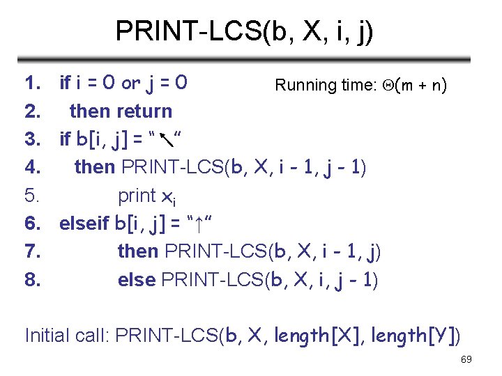 PRINT-LCS(b, X, i, j) 1. if i = 0 or j = 0 Running PRINT-LCS(b, X, i, j) 1. if i = 0 or j = 0 Running