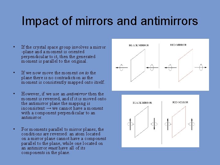 Impact of mirrors and antimirrors • If the crystal space group involves a mirror