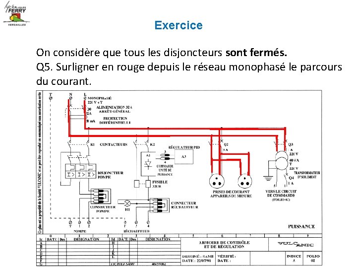 Exercice On considère que tous les disjoncteurs sont fermés. Q 5. Surligner en rouge