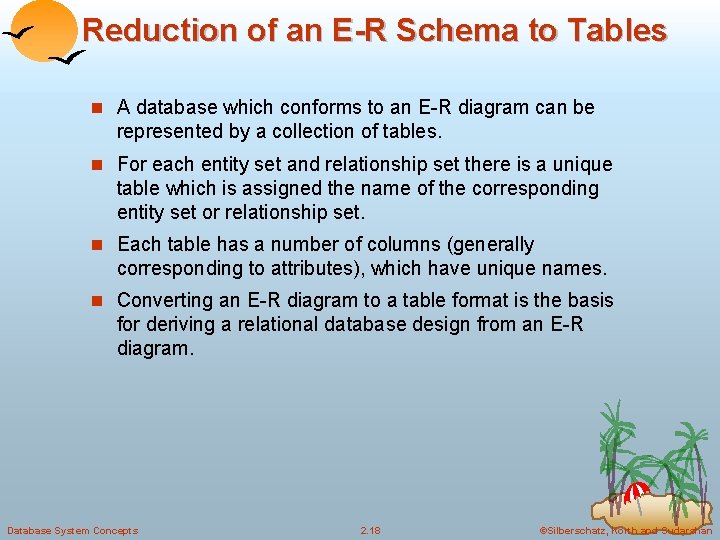 Reduction of an E-R Schema to Tables n A database which conforms to an