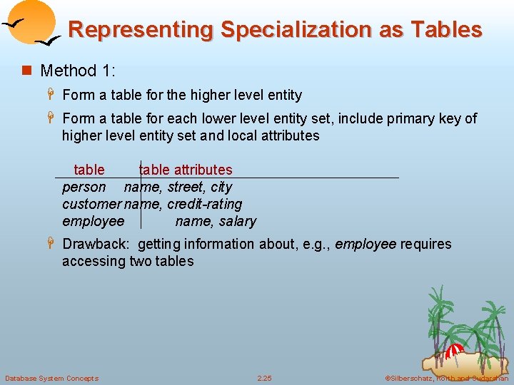 Representing Specialization as Tables n Method 1: H Form a table for the higher