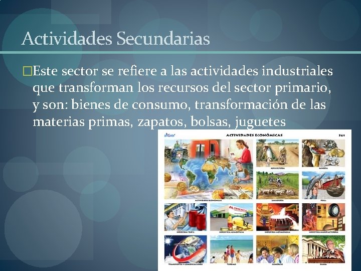 Actividades Secundarias �Este sector se refiere a las actividades industriales que transforman los recursos