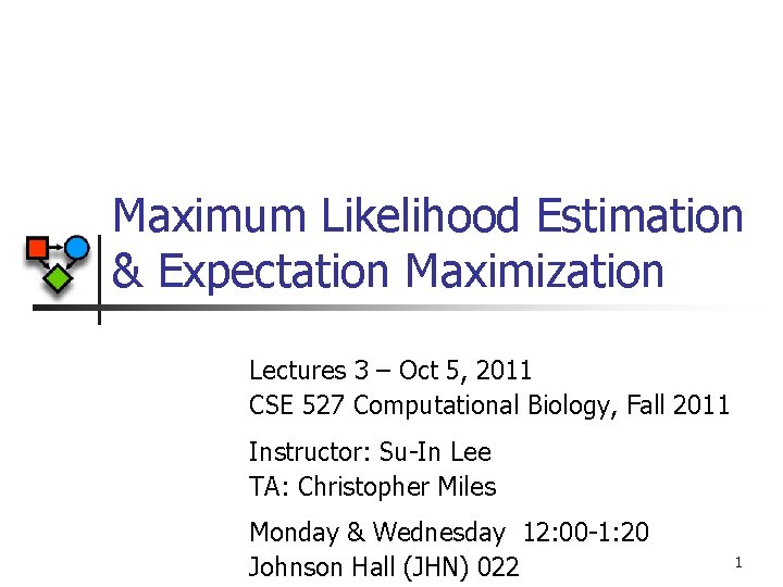 Maximum Likelihood Estimation & Expectation Maximization Lectures 3 – Oct 5, 2011 CSE 527