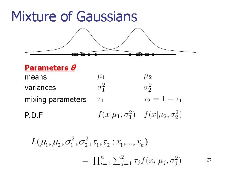Mixture of Gaussians Parameters θ means variances mixing parameters P. D. F 27 