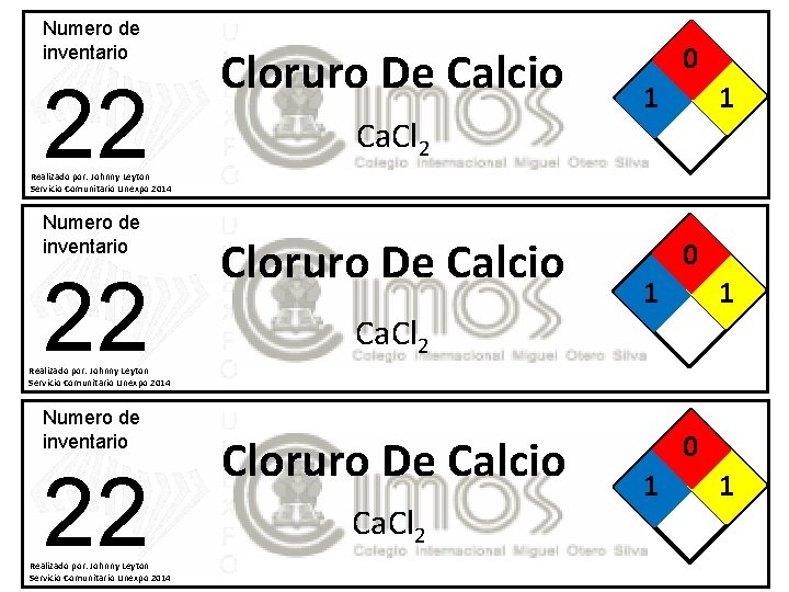 Numero de inventario 22 Cloruro De Calcio Ca. Cl 2 0 1 1 Realizado