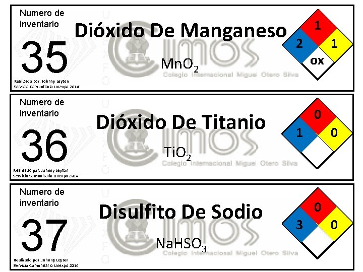 Numero de inventario 35 Dióxido De Manganeso 1 2 Mn. O 2 ox Dióxido