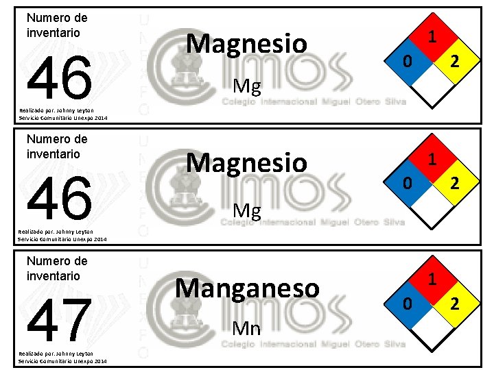 Numero de inventario 46 Magnesio Mg 1 0 2 Realizado por: Johnny Leyton Servicio