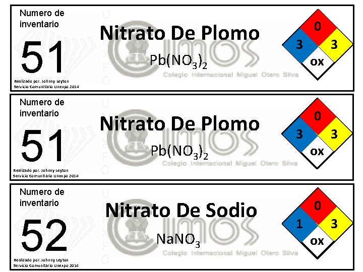 Numero de inventario 51 Nitrato De Plomo Pb(NO 3)2 0 3 ox 3 Realizado