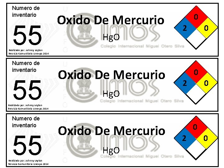 Numero de inventario 55 Oxido De Mercurio Hg. O 0 2 0 Realizado por:
