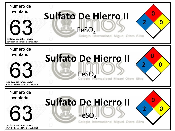 Numero de inventario 63 Sulfato De Hierro II Fe. SO 4 0 2 0
