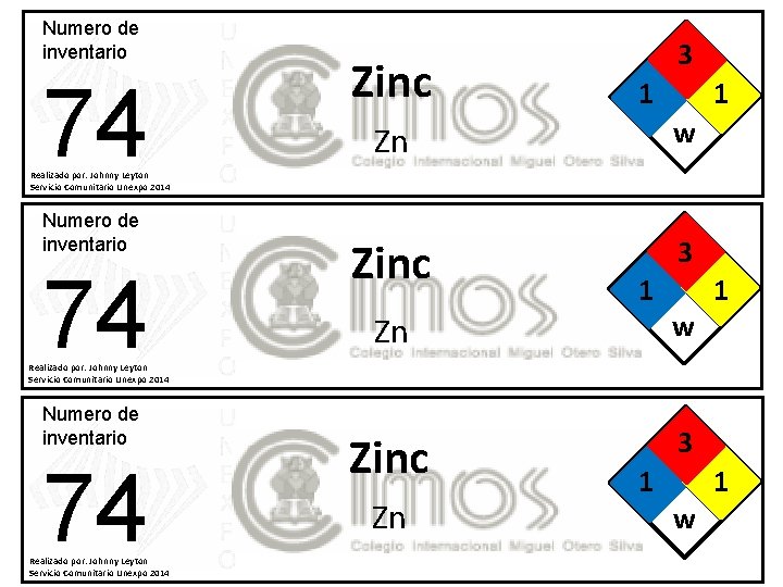 Numero de inventario 74 Zinc 3 1 1 Zn w Zinc 3 Realizado por: