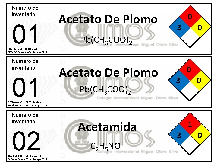 Numero de inventario 01 Acetato De Plomo 0 3 0 Pb(CH 3 COO)2 Realizado