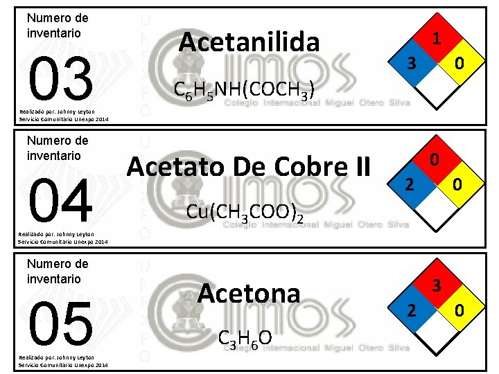 Numero de inventario 03 Acetanilida 1 3 0 C 6 H 5 NH(COCH 3)