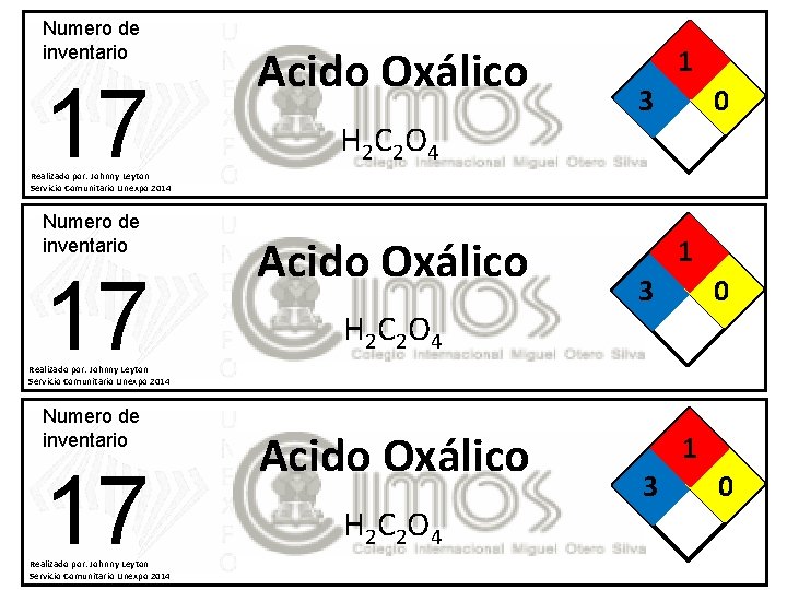 Numero de inventario 17 Acido Oxálico H 2 C 2 O 4 1 3