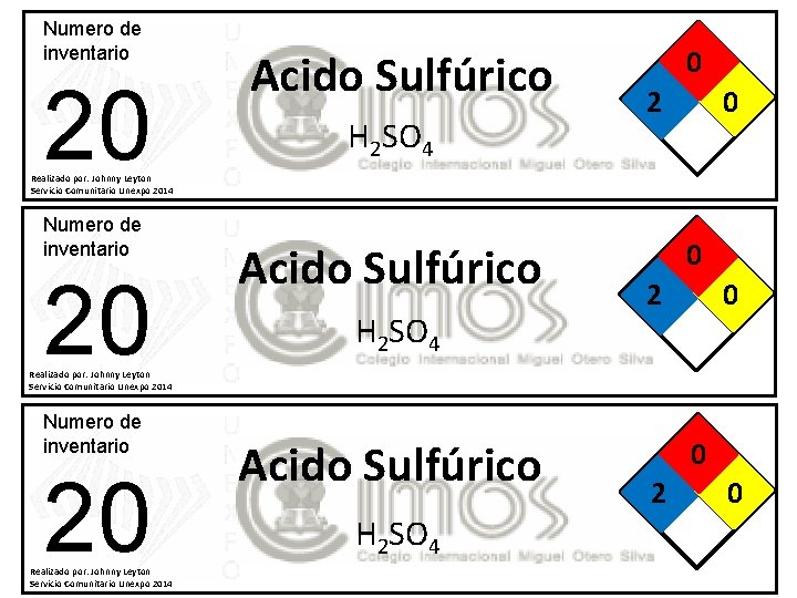 Numero de inventario 20 Acido Sulfúrico H 2 SO 4 0 2 0 Realizado