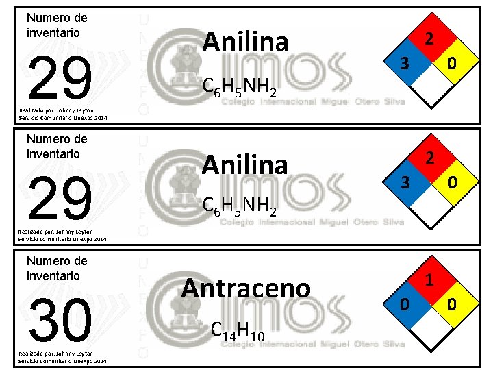 Numero de inventario 29 Anilina C 6 H 5 NH 2 2 3 0