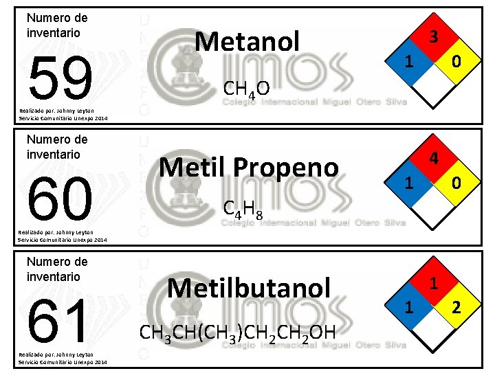 Numero de inventario 59 Metanol 3 1 0 CH 4 O Realizado por: Johnny