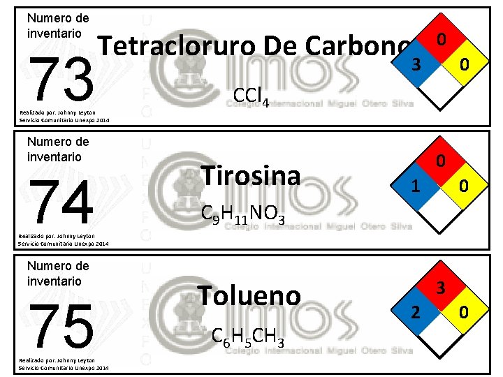 Numero de inventario 73 Tetracloruro De Carbono 3 Realizado por: Johnny Leyton Servicio Comunitario