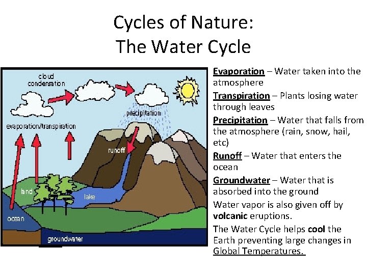 Cycles of Nature: The Water Cycle • Evaporation – Water taken into the atmosphere