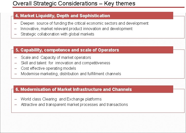 Overall Strategic Considerations – Key themes 4. Market Liquidity, Depth and Sophistication − −