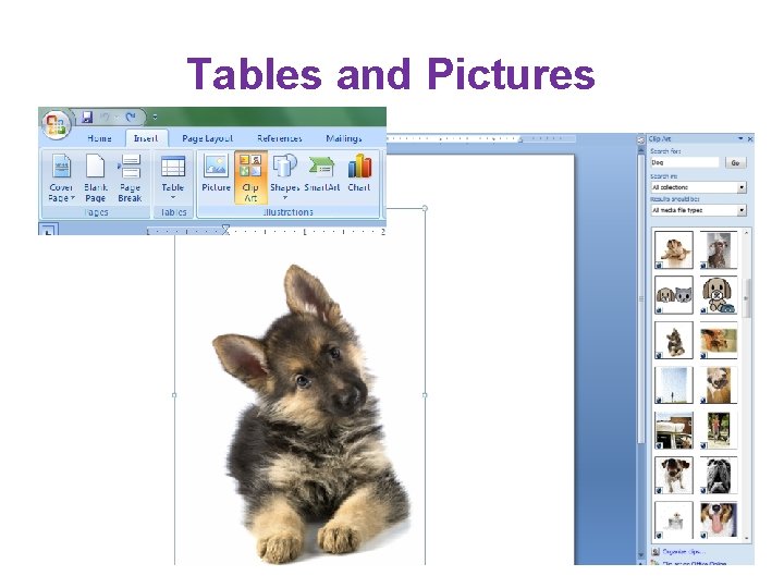 Tables and Pictures Tables and Pictures