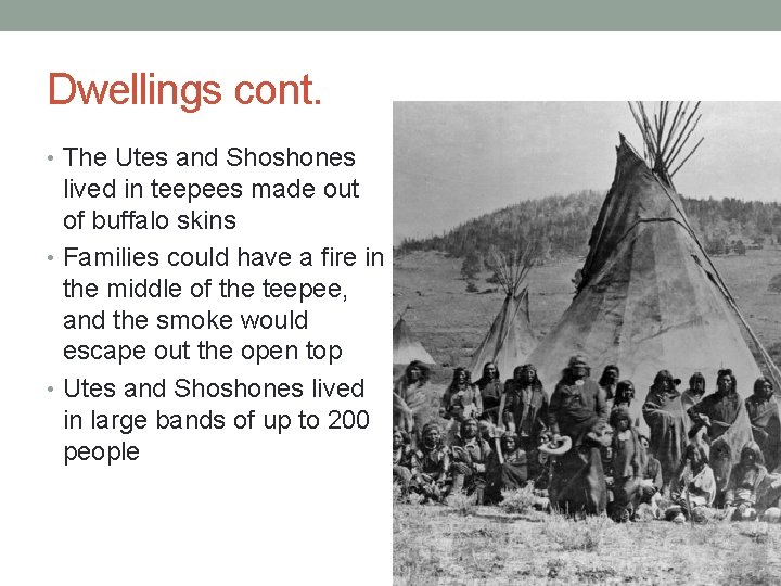 Dwellings cont. • The Utes and Shoshones lived in teepees made out of buffalo