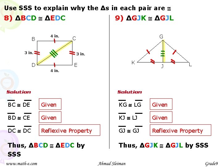 Use SSS to explain why the ∆s in each pair are 8) ∆BCD ∆EDC