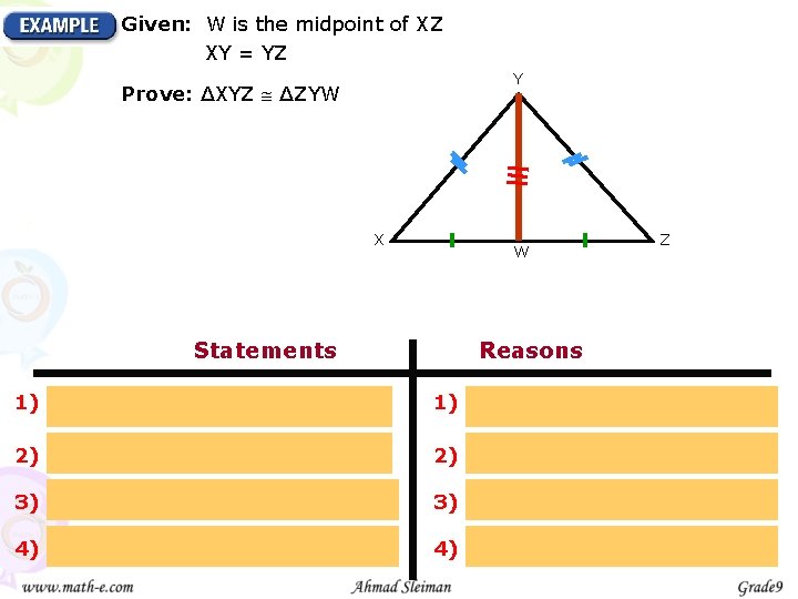 Given: W is the midpoint of XZ XY = YZ Y Prove: ∆XYZ ∆ZYW