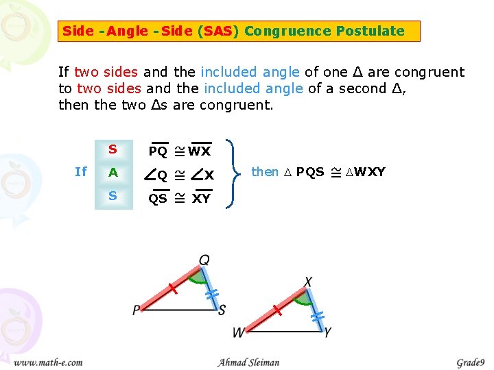 Side - Angle - Side (SAS) Congruence Postulate If two sides and the included