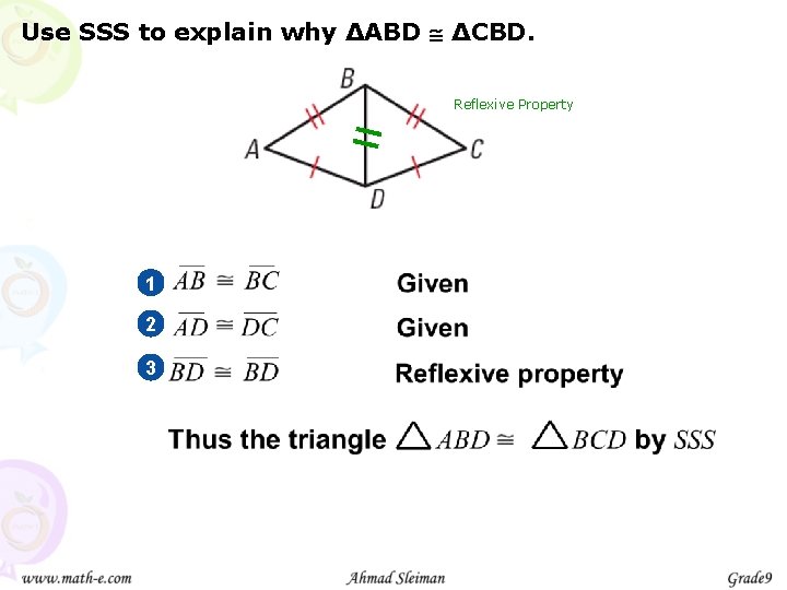 Use SSS to explain why ∆ABD ∆CBD. Reflexive Property 1 2 3 
