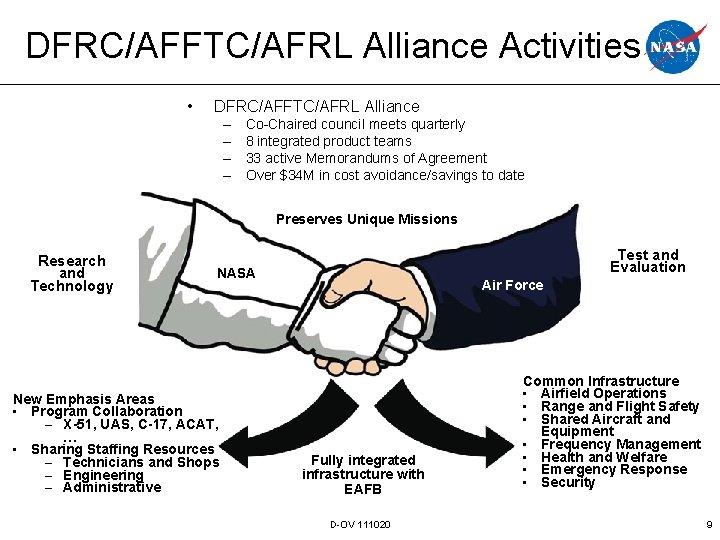 DFRC/AFFTC/AFRL Alliance Activities • DFRC/AFFTC/AFRL Alliance – – Co-Chaired council meets quarterly 8 integrated