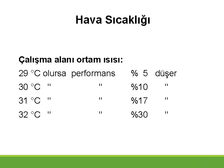 Hava Sıcaklığı Çalışma alanı ortam ısısı: 29 °C olursa performans % 5 düşer 30