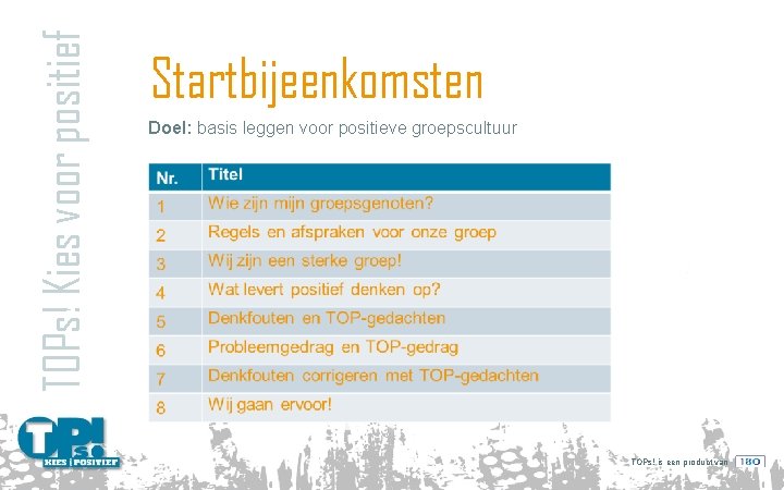 TOPs! Kies voor positief Startbijeenkomsten Doel: basis leggen voor positieve groepscultuur TOPs! is een