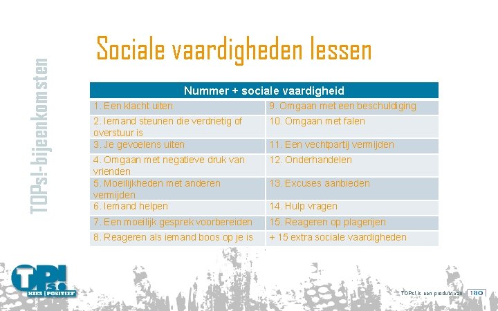TOPs!-bijeenkomsten Sociale vaardigheden lessen Nummer + sociale vaardigheid 1. Een klacht uiten 9. Omgaan