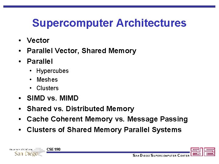 Supercomputer Architectures • Vector • Parallel Vector, Shared Memory • Parallel • Hypercubes •