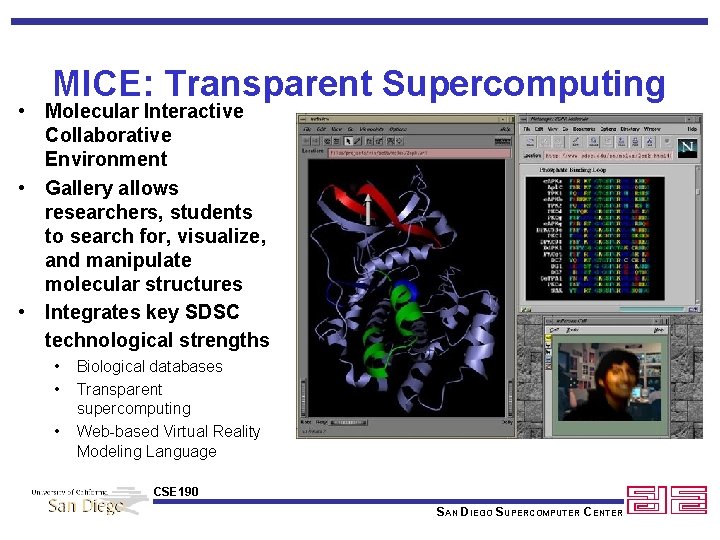 MICE: Transparent Supercomputing • Molecular Interactive Collaborative Environment • Gallery allows researchers, students to
