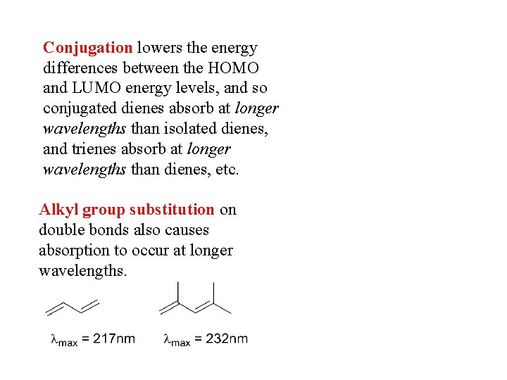 Conjugation lowers the energy differences between the HOMO and LUMO energy levels, and so
