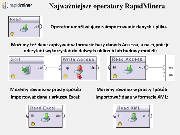 Najważniejsze operatory Rapid. Minera Operator umożliwiający zaimportowanie danych z pliku. Możemy też dane zapisywać