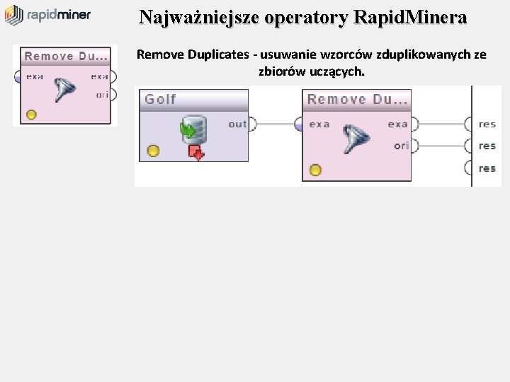 Najważniejsze operatory Rapid. Minera Remove Duplicates - usuwanie wzorców zduplikowanych ze zbiorów uczących. 