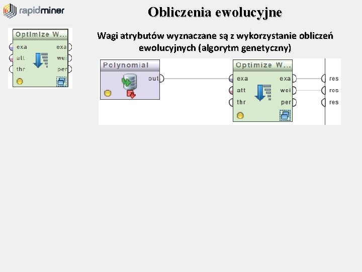 Obliczenia ewolucyjne Wagi atrybutów wyznaczane są z wykorzystanie obliczeń ewolucyjnych (algorytm genetyczny) 