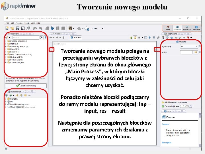 Tworzenie nowego modelu polega na przeciąganiu wybranych bloczków z lewej strony ekranu do okna