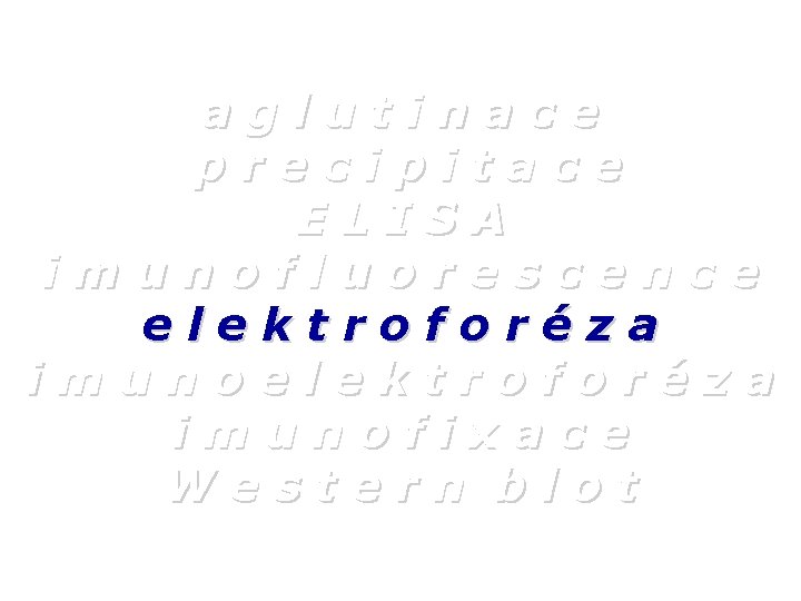 aglutinace precipitace ELISA imunofluorescence elektroforéza imunofixace Western blot 