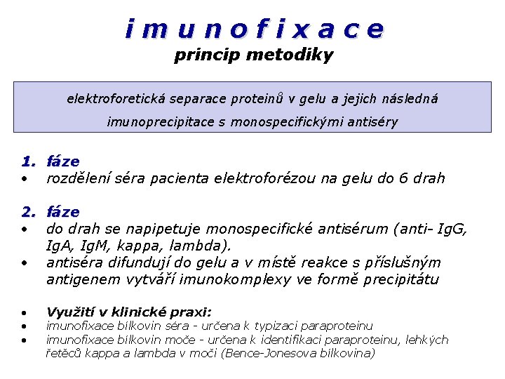 imunofixace princip metodiky elektroforetická separace proteinů v gelu a jejich následná imunoprecipitace s monospecifickými