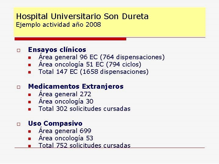 Hospital Universitario Son Dureta Ejemplo actividad año 2008 o o o Ensayos clínicos n