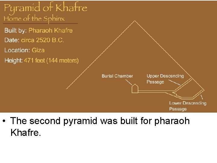  • The second pyramid was built for pharaoh Khafre. 