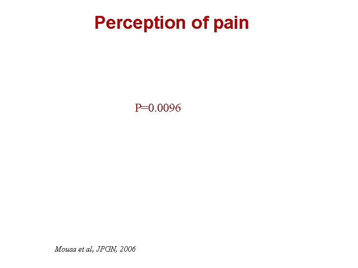 Perception of pain P=0. 0096 Mousa et al, JPGN, 2006 