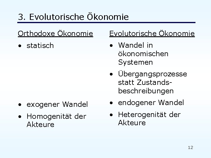 3. Evolutorische Ökonomie Orthodoxe Ökonomie Evolutorische Ökonomie • statisch • Wandel in ökonomischen Systemen